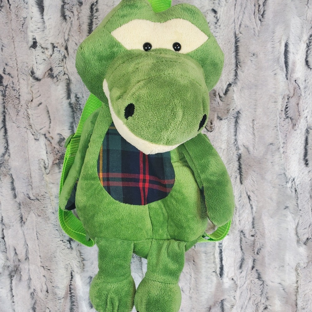 DolliBu Green Alligator‎ Stuffed Animal Backpack Plush Zipper Pouch Plaid Belly